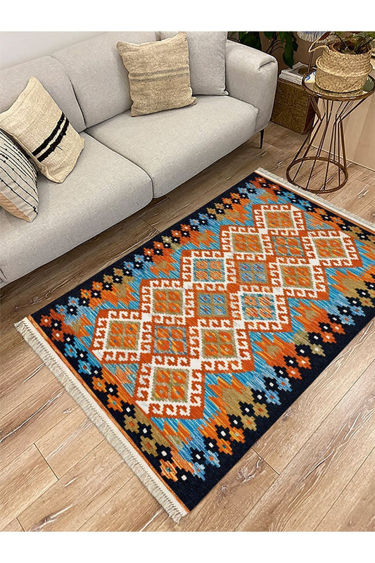 Cotton Serisi Hardal Tonlarında Bordür Desenli Dekoratif Dokuma Taban Kilim