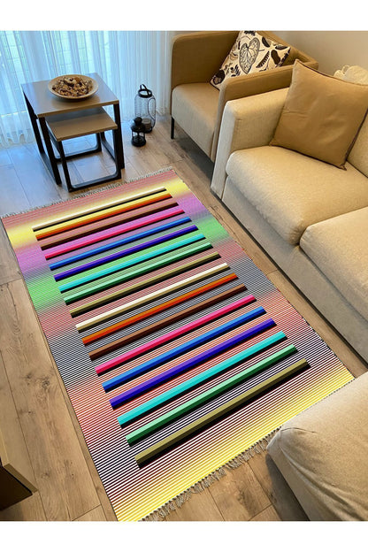 Cotton Kilim 55 Multy Geleneksel Motifler Modern Dekoratif Saçaklı Yıkanabilen Dokuma Kilim