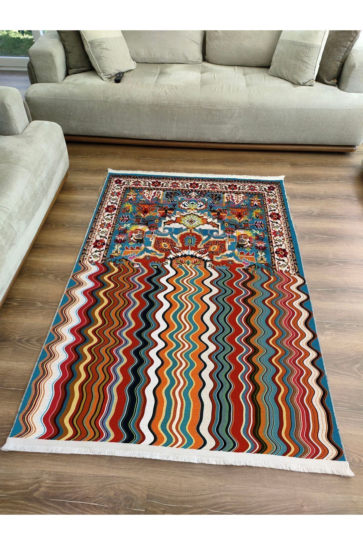 Halı Vagonu132 Klasik Çizgili Desen Modern Halı Dekoratif Salon Halısı Saçaklı Yıkanabilen Halı