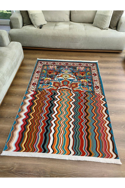 Halı Vagonu132 Klasik Çizgili Desen Modern Halı Dekoratif Salon Halısı Saçaklı Yıkanabilen Halı