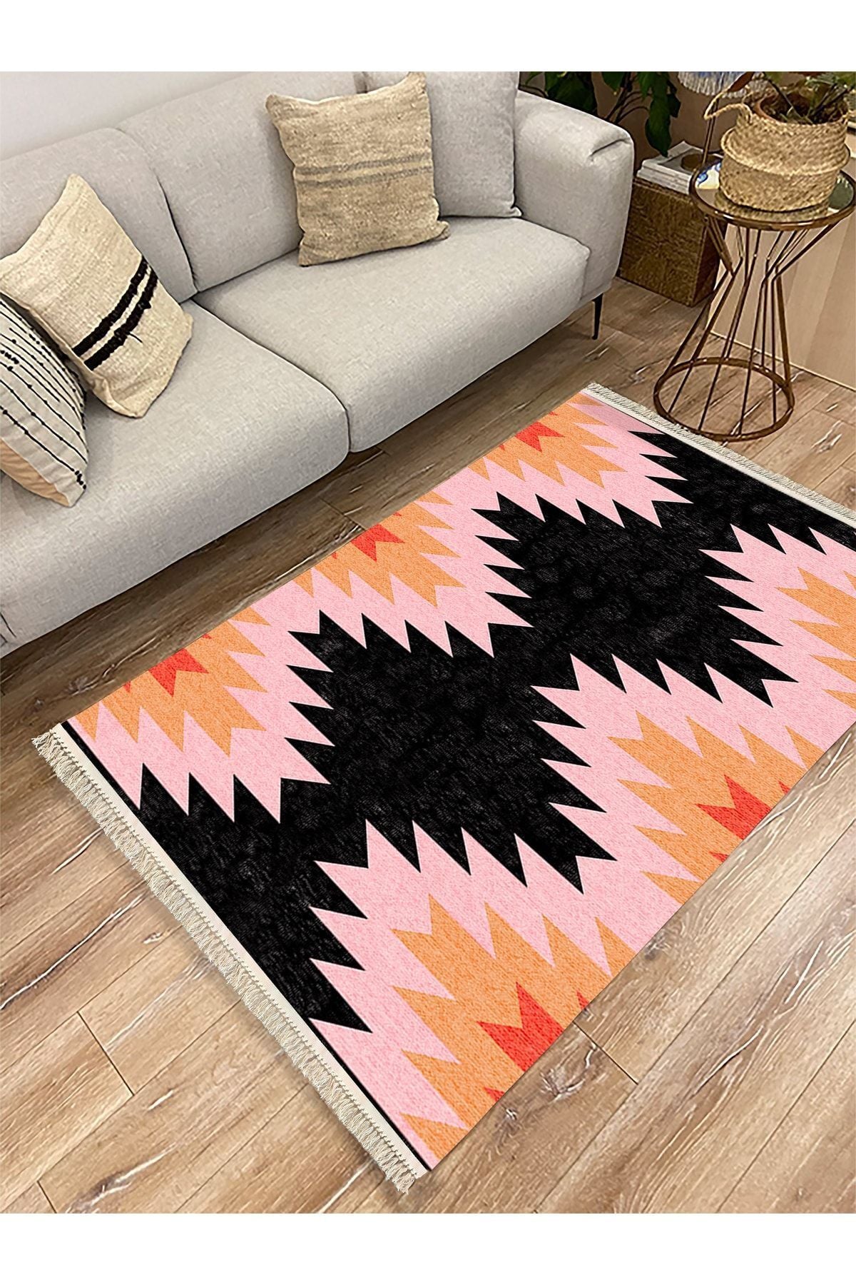 Cotton Serisi Siyah Ve Pembe Tonlarında Geometrik Desen Dekoratif Dokuma Taban Kilim
