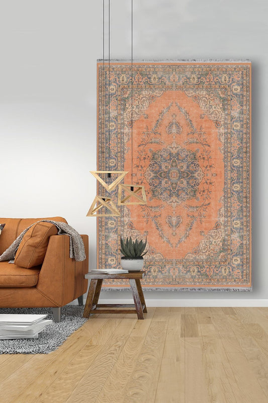 Halı Vagonu 2032 Kahve Ve Turuncu Tonlarında Bordürlü Geometrik Desen Kaymaz Taban Dekoratif Halı