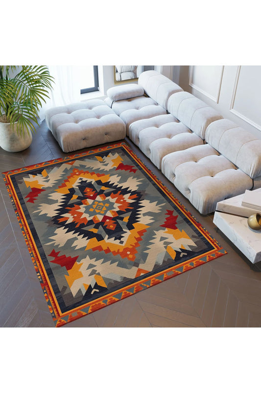 Halı Vagonu 204 Çok Renkli Gri Otantik Etnik Desen Kaymaz ve Dokuma Taban Dekoratif Halı