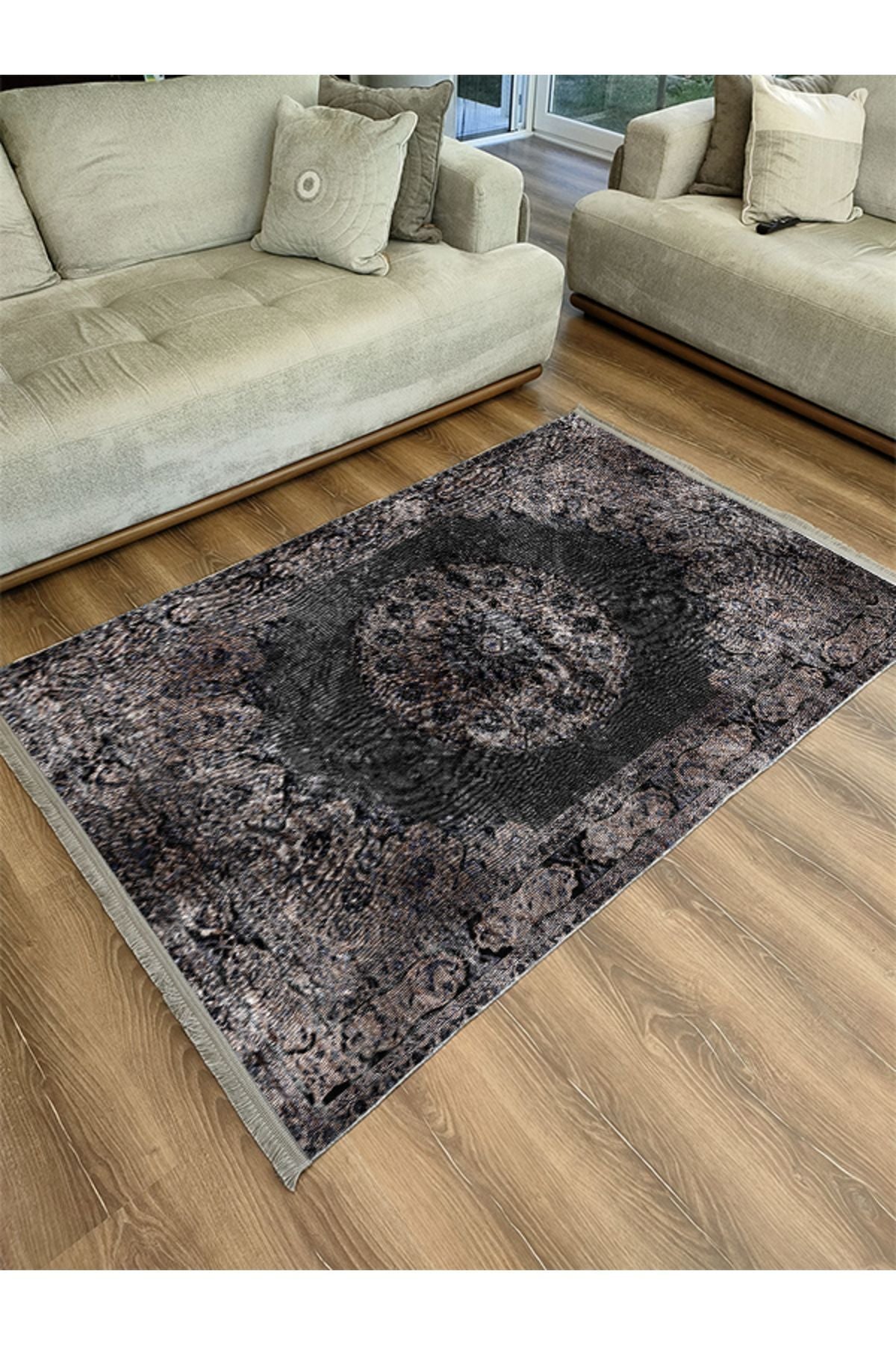 HV  2187 Siyah Ve Kahve Temalı Geleneksel Motifli Etnik Desenli Vintage Yıkanabilen Dekoratif Halı