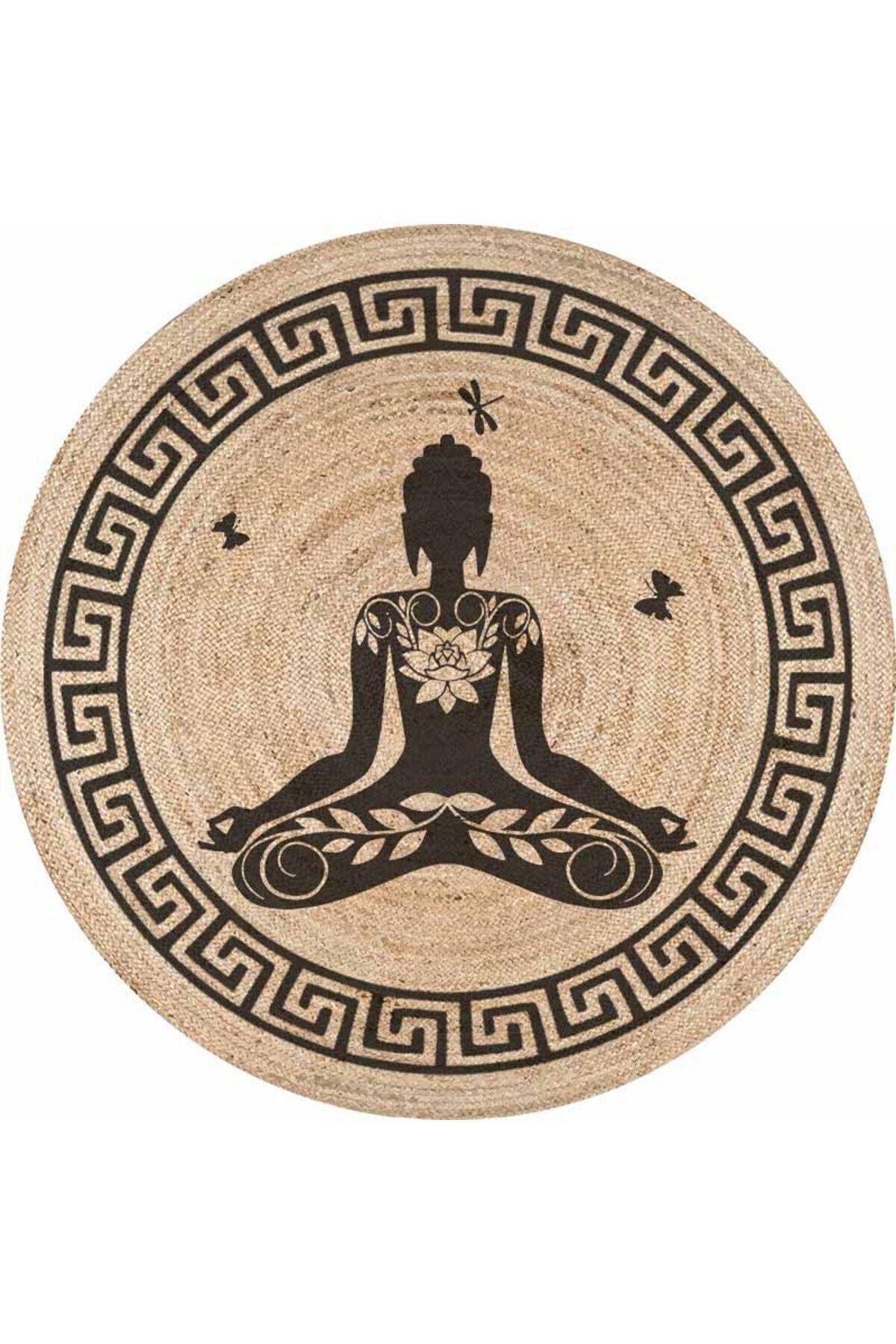 Boho 946 Yogo Yapan Kadın Baskılı Örgü Yuvarlak Natural Çift Taraflı Halı