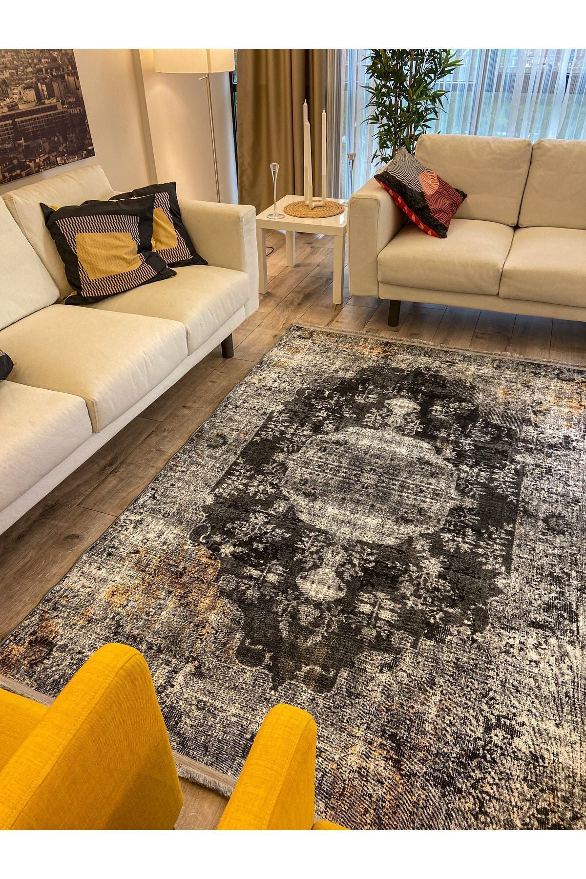 Halı Vagonu 2155 Gri Siyah Hardal Sarı Vintage Desenli Dokuma Taban Halı