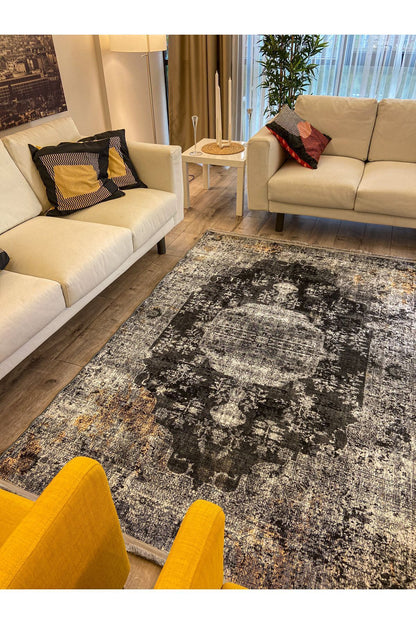 Halı Vagonu 2155 Gri Siyah Hardal Sarı Vintage Desenli Dokuma Taban Halı