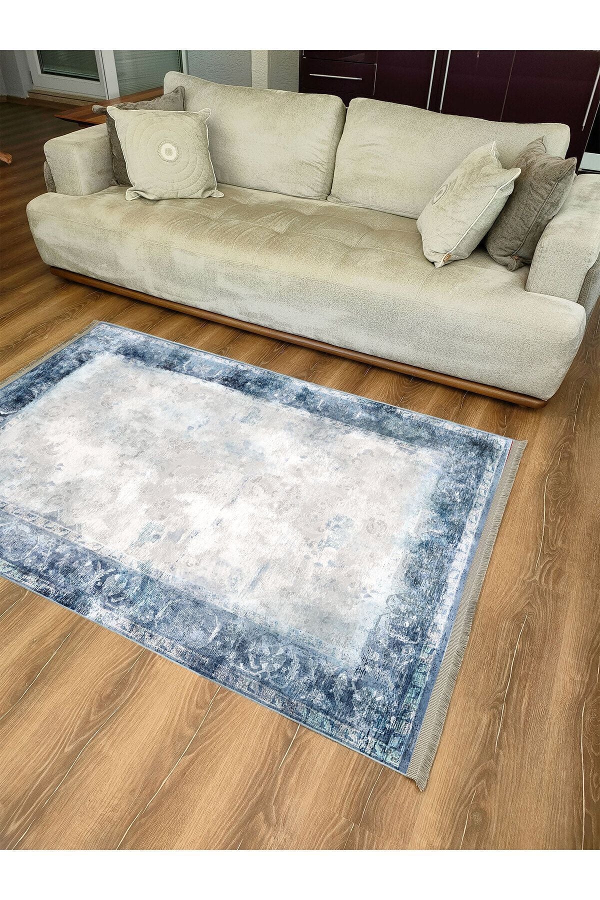 Halı Vagonu 2068 Mavi Çerçeve Desenli Yıkanabilir Kaymaz Salon Halısı, Koridor Ve Mutfak Halısı