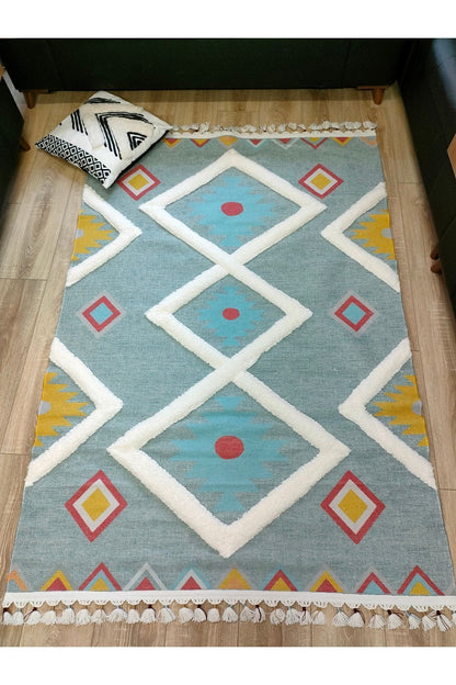 Tafting Kilim Serisi Üzeri Peluşlu Dokuma Taban Dekoratif Kilim