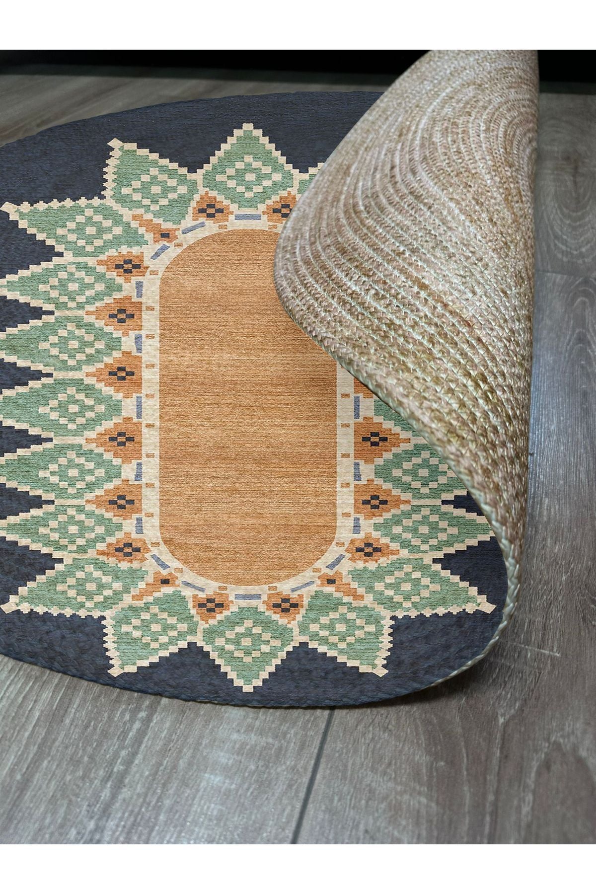 Boho 978 Jüt Hasır Etnik Desenli Oval Jüt Örme Doğal Hasır Natural Oval Halı