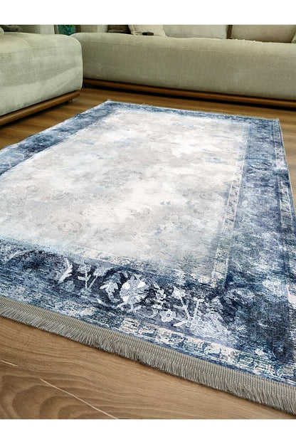 Halı Vagonu Serisi Mavi Krem Tonlarında Etnik Geometrik Desen Kaymaz Taban Şönil Halı