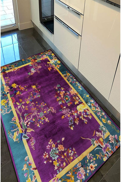 Halı Vagonu 78 Mor Tonlarında Bordürlü Çiçek Temalı Dekoratif Salon Halısı Saçaklı Yıkanabilen Halı