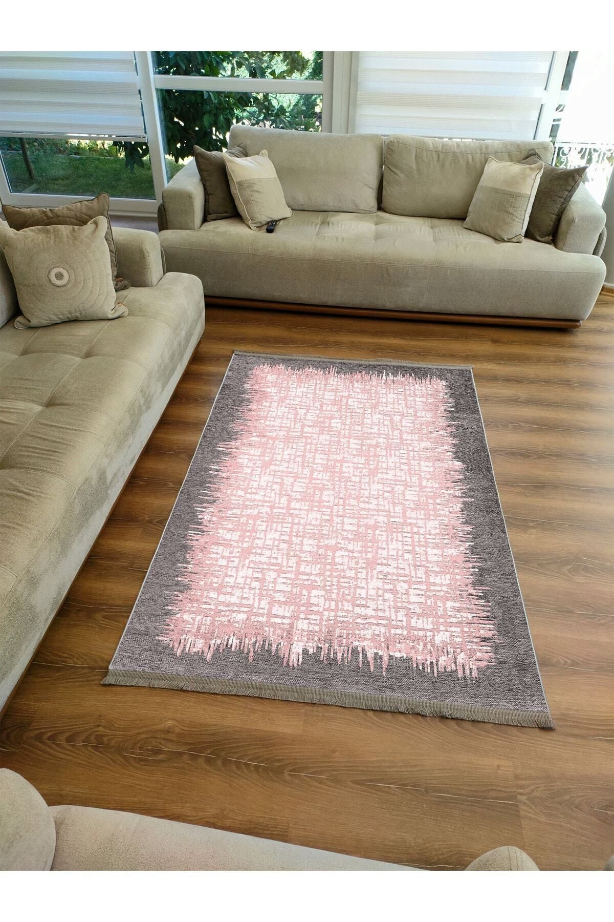 Halı Vagonu Serisi Pembe Tonlarında Çerçeveli Etnik Desen Kaymaz Taban Şönil Halı