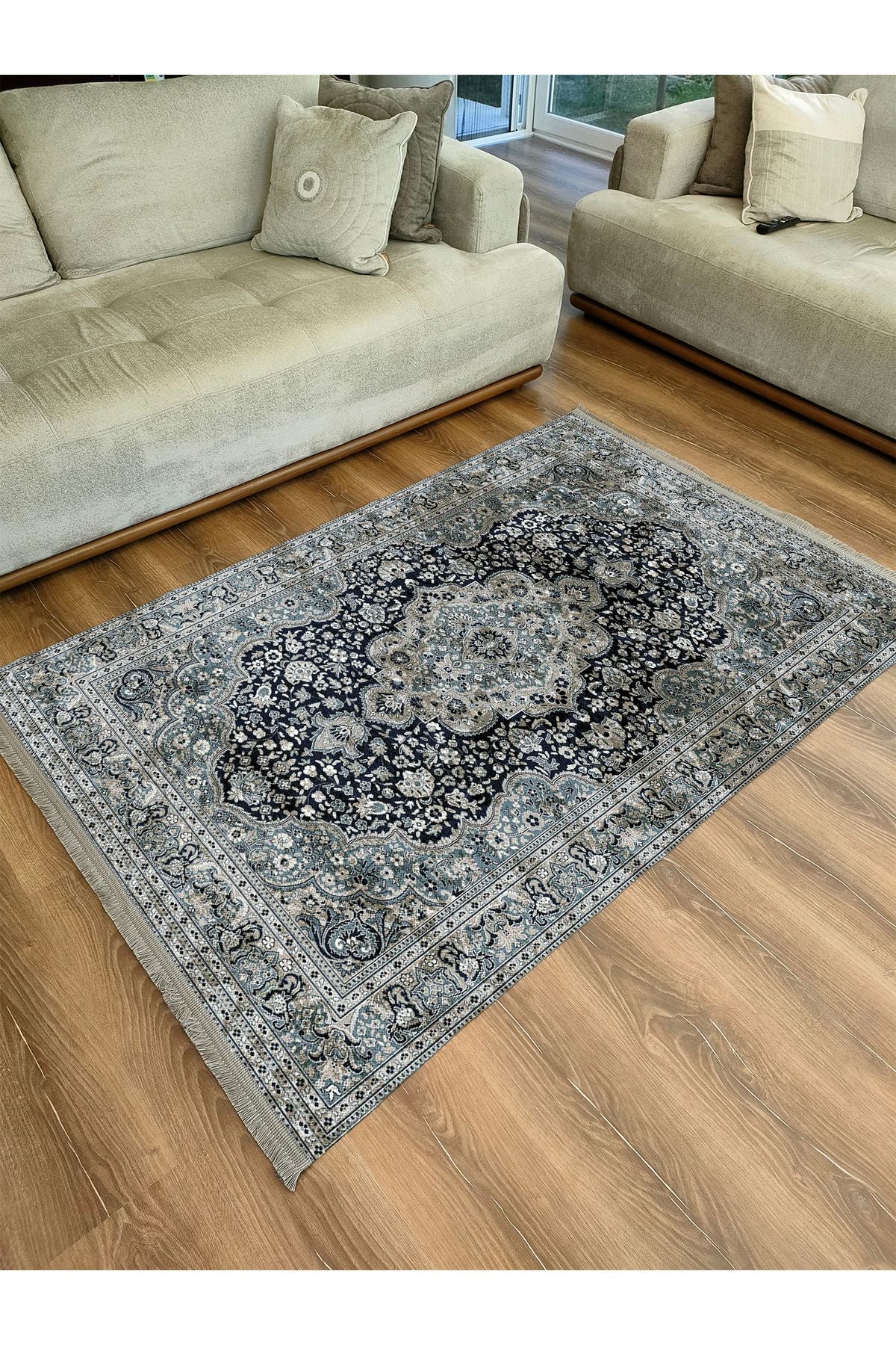 Halı Vagonu 2050 Haki Tonlarında Etnik Eskitme Pamuk  Dokuma Taban Halı