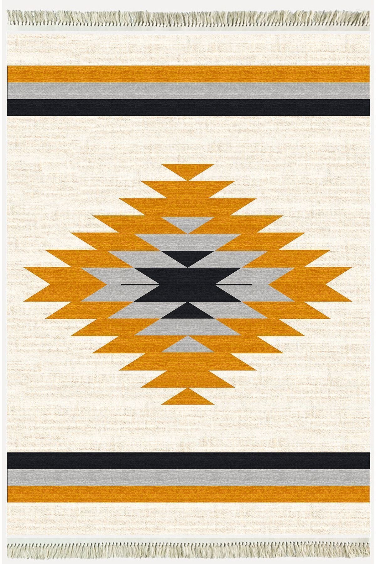 Cotton Serisi Krem Tonlarında Eskitm Desen Dekoratif Dokuma Taban Kilim