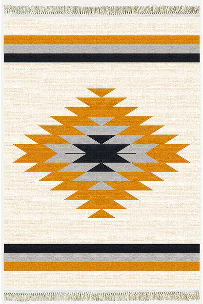 Cotton Serisi Krem Tonlarında Eskitm Desen Dekoratif Dokuma Taban Kilim