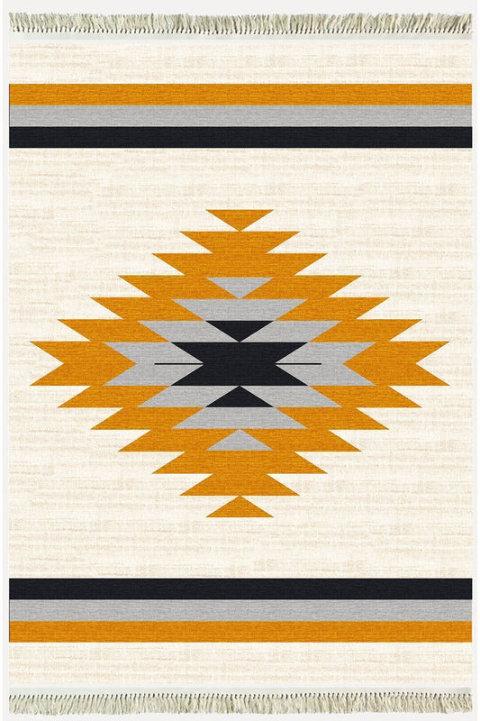 Cotton Serisi Krem Tonlarında Eskitm Desen Dekoratif Dokuma Taban Kilim