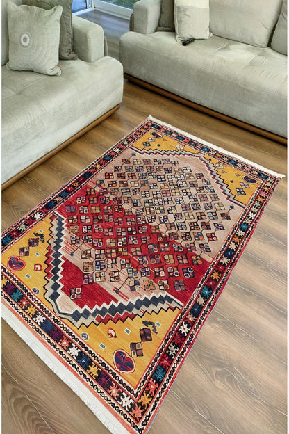 Halı Vagonu109ı Etnik Anadolu Halısı Dekoratif Salon Halısı Saçaklı Yıkanabilen Halı