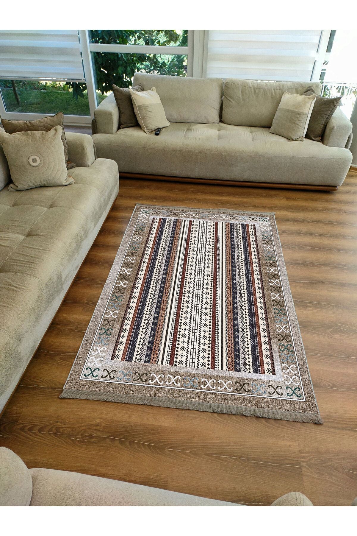 Halı Vagonu 2075 Serisi Kahve Tonlarında Etnik Geometrik Desen Kaymaz Taban Dekoratif Halı