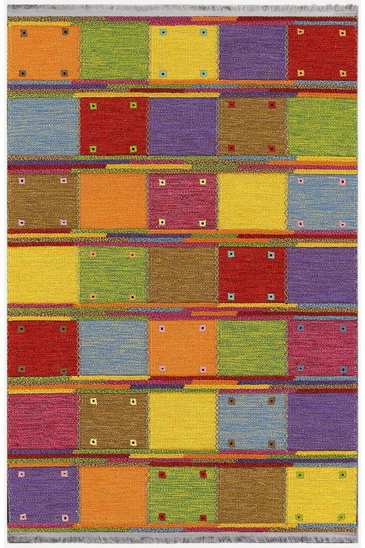 Halı Vagonu Serisi Kareli Multy Tonlarında Desen Kaymaz Taban Şönil Halı