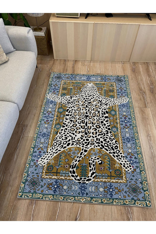 Halı Vagonu 44 Modern Stil Kaplan Post Figürlü Salon Halısı Yıkanabilen Dekoratif Halı