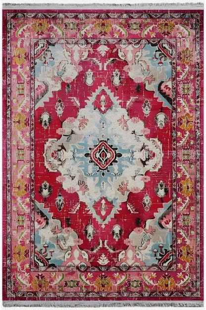 Halı Vagonu Halı98 Fuşya Tonlarında Klasık Dekoratif Halı Salon Halısı Saçaklı Yıkanabilen Halı