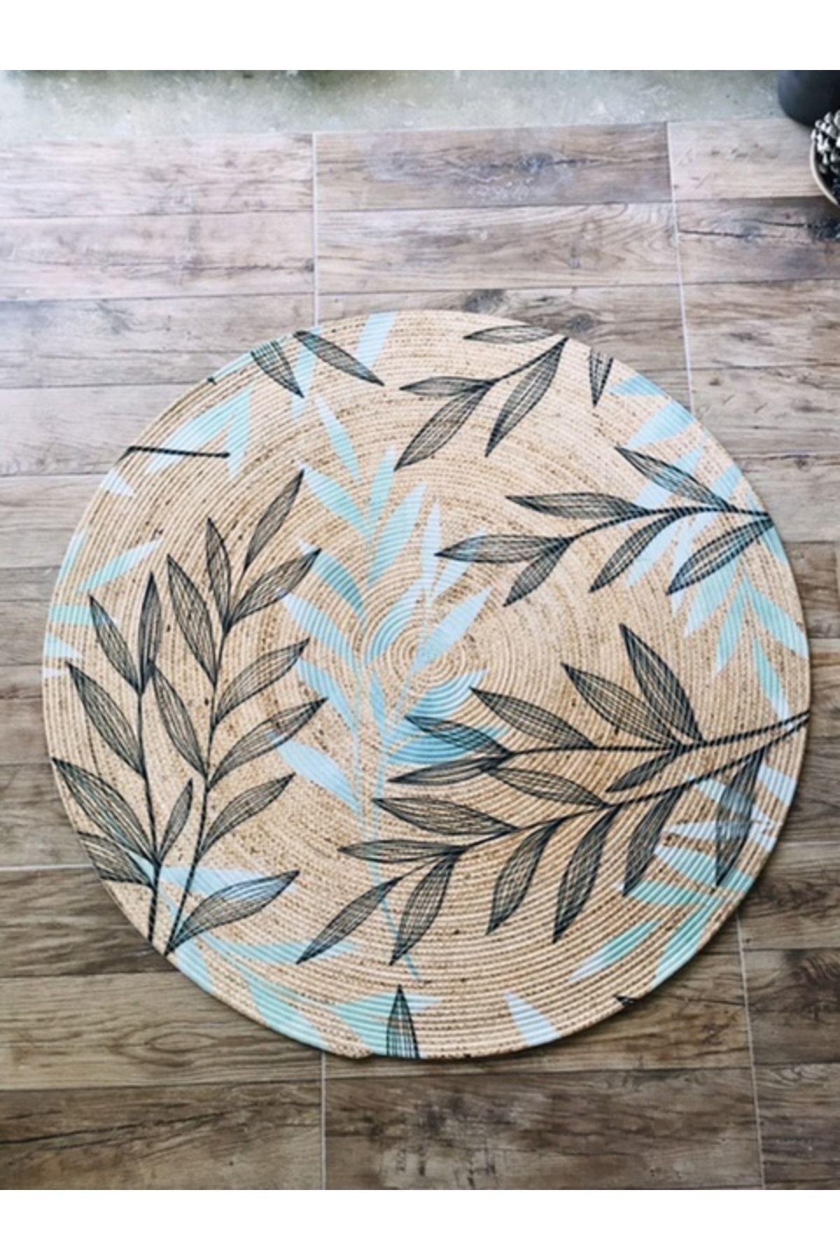 Halı Vagonu Tropikal Yapraklar Yuvarlak Jüt Örme Hasır Halı/Kilim HV-JH-09