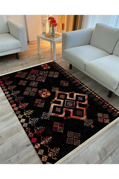 Cotton Serisi Siyah Tonlu Geometrik Eskitme Desen Dekoratif Dokuma Taban Kilim