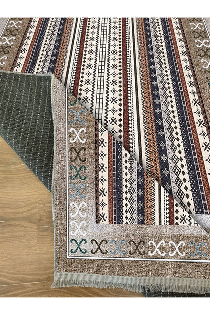 Halı Vagonu 2075 Serisi Kahve Tonlarında Etnik Geometrik Desen Kaymaz Taban Dekoratif Halı