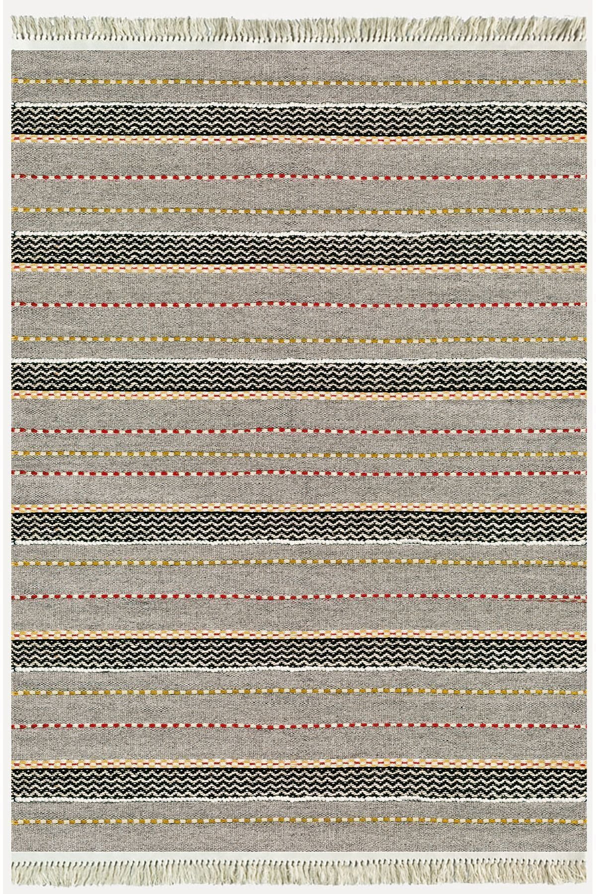 Cotton Kilim 33 Gri Tonlarında Çizgili Modern Desenli Dekoratif Yıkanabilen Dokuma Taban Kilim