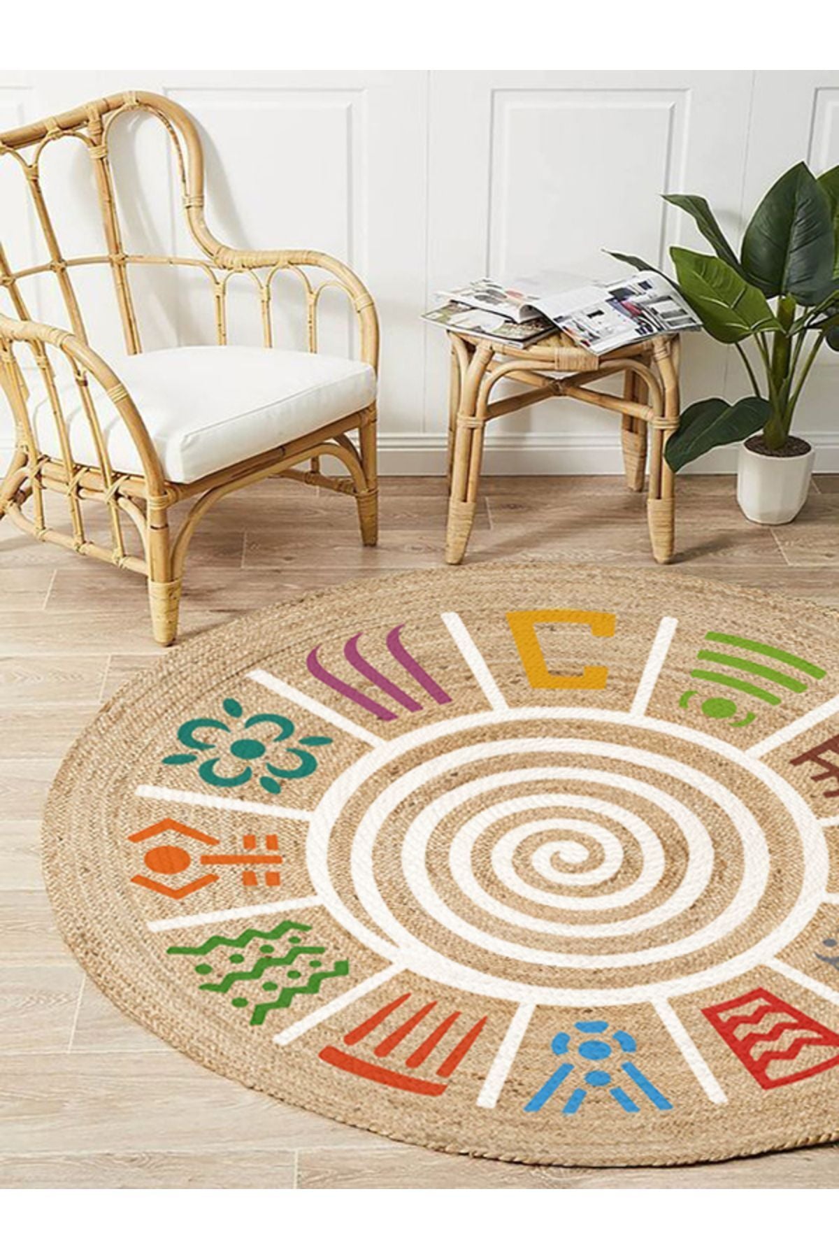 Boho 954 Multy Soyut Desenli Jüt Rengi Örgü Yuvarlak Natural Çift Taraflı Halı