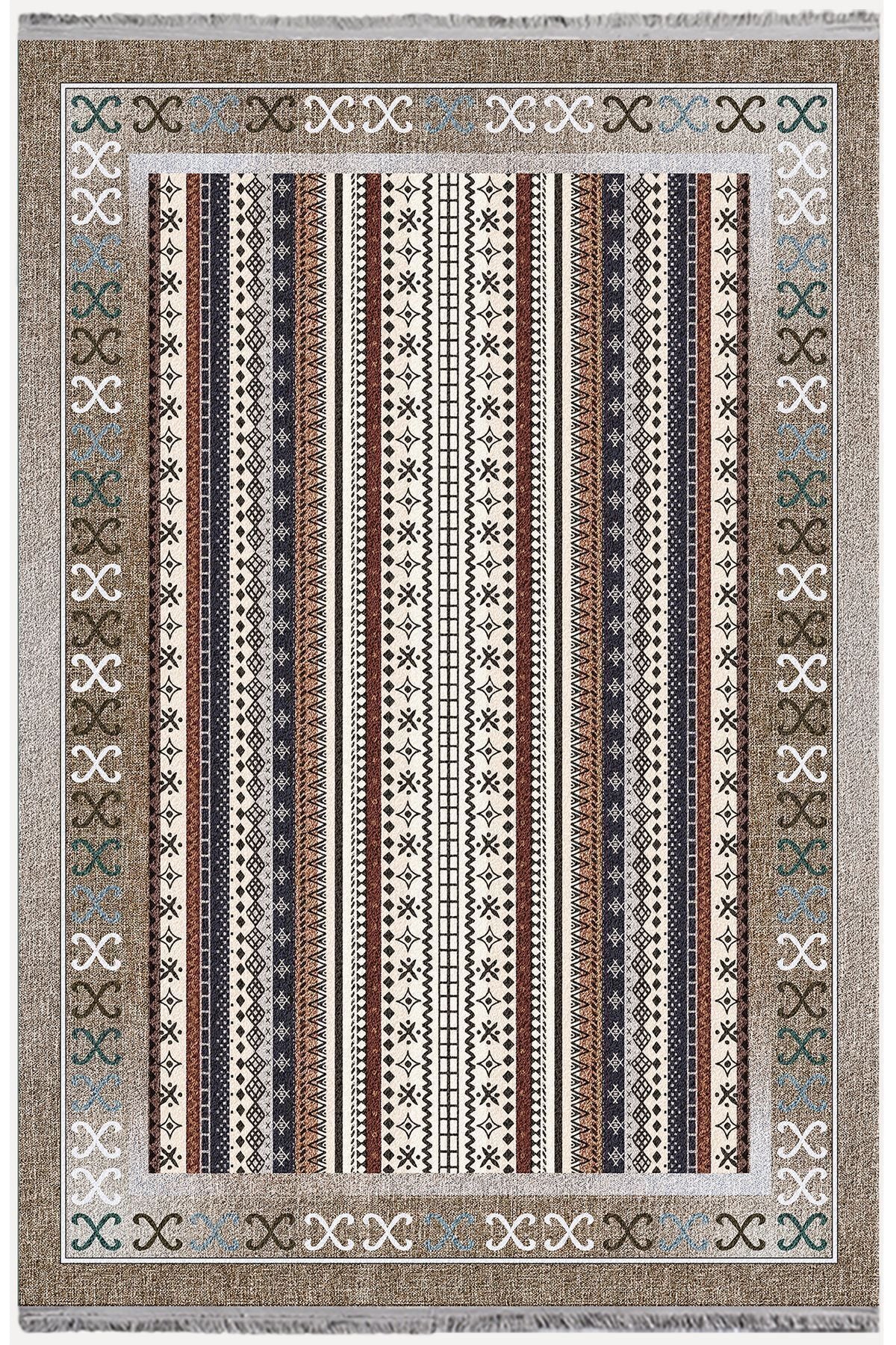 Halı Vagonu 2075 Serisi Kahve Tonlarında Etnik Geometrik Desen Kaymaz Taban Dekoratif Halı