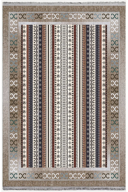 Halı Vagonu 2075 Serisi Kahve Tonlarında Etnik Geometrik Desen Kaymaz Taban Dekoratif Halı