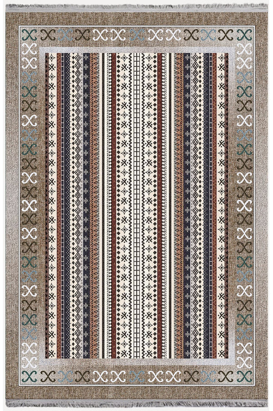 Halı Vagonu 2075 Serisi Kahve Tonlarında Etnik Geometrik Desen Kaymaz Taban Dekoratif Halı