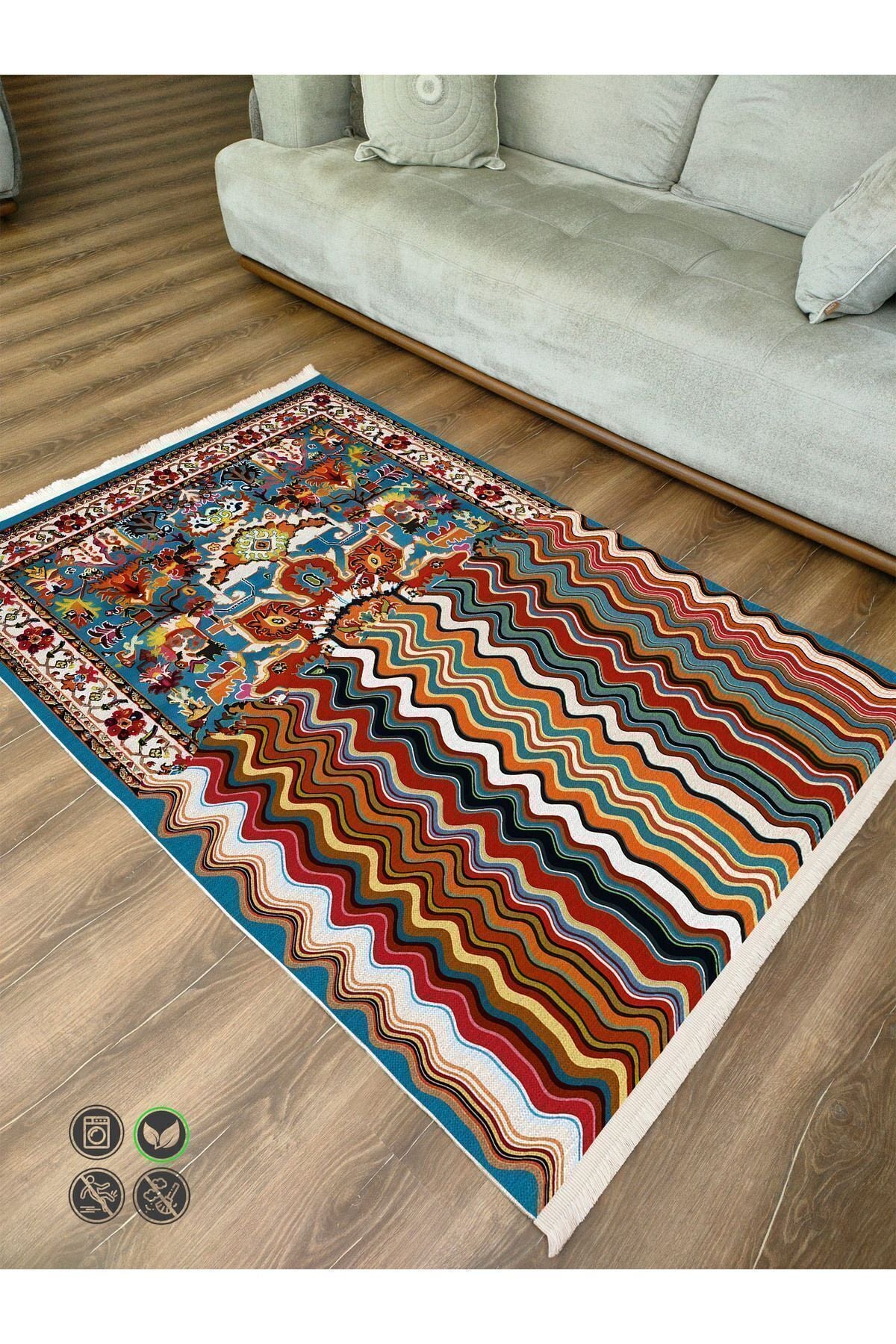 Halı Vagonu132 Klasik Çizgili Desen Modern Halı Dekoratif Salon Halısı Saçaklı Yıkanabilen Halı