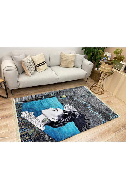 Halı Vagonu Serisi Gri Mavi Etnik Geometrik Desen Kaymaz Taban Şönil Halı