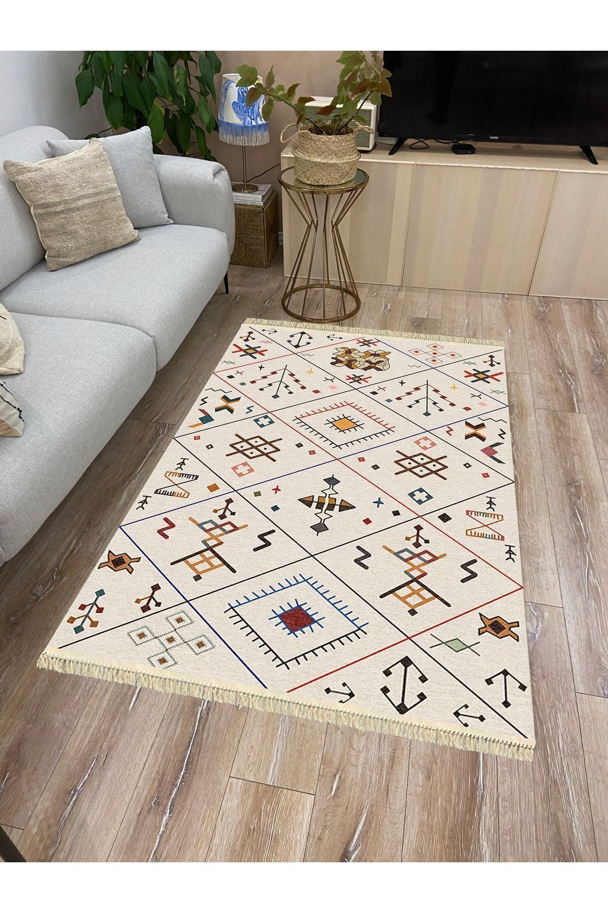 Cotton Serisi Krem Tonlarında Geometrik Desenli Dekoratif Dokuma Taban Kilim