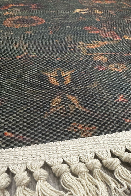 Cotton Koyu Yeşil Desenli Çok Renkli Bohem Pamuk Taban Kilim 2214