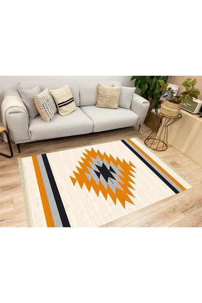 Cotton Serisi Krem Tonlarında Eskitm Desen Dekoratif Dokuma Taban Kilim