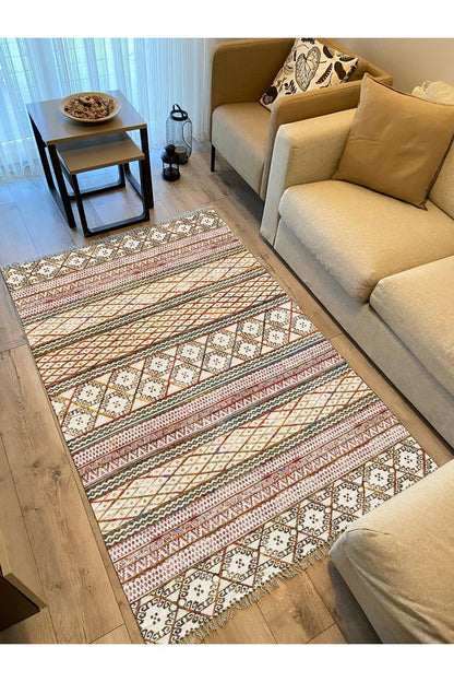 Cotton Kilim 63 Multu Iskandinav Motifler Modern Dekoratif Saçaklı Yıkanabilen Dokuma Kilim
