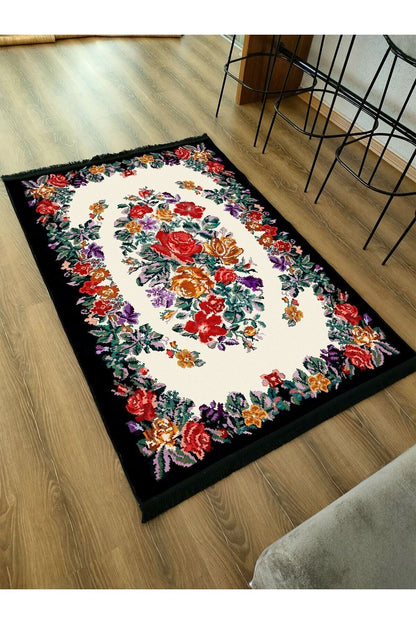 Halı Vagonu Serisi Kahve Tonlarında Çerçeveli Eskitme Geometrik Desen Kaymaz Taban Şönil Halı