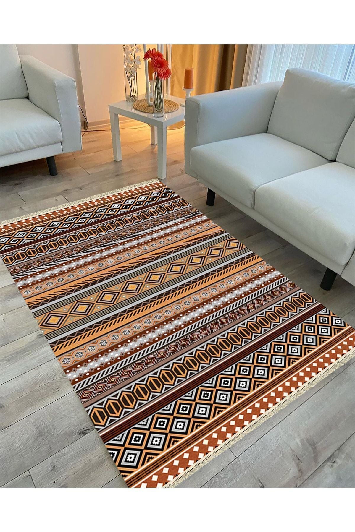 Cotton Serisi Hardal Ve Natural Tonlarında Geometrik Eskitme Desen Dekoratif Dokuma Taban Kilim