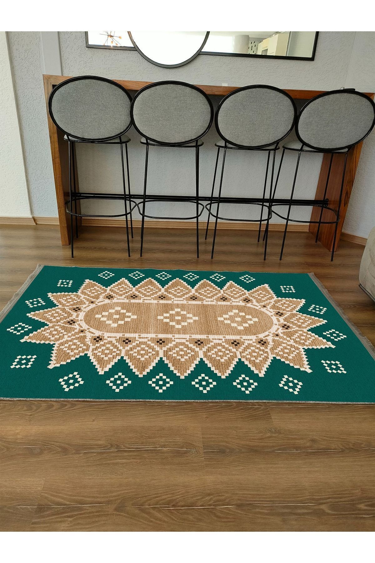 Halı Vagonu106 Yeşil Tonlarında Klasık Dekoratif Salon Halısı Saçaklı Yıkanabilen Halı