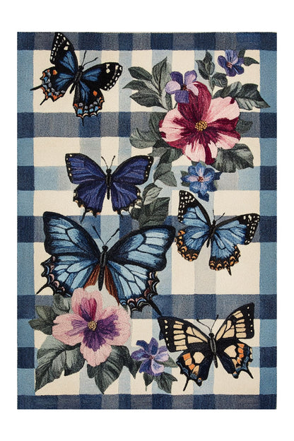 Halı Vagonu 211 Mavi Beyaz Ekose Çiçek Kelebek Figürlü Modern Dokuma Taban Dekoratif Halı