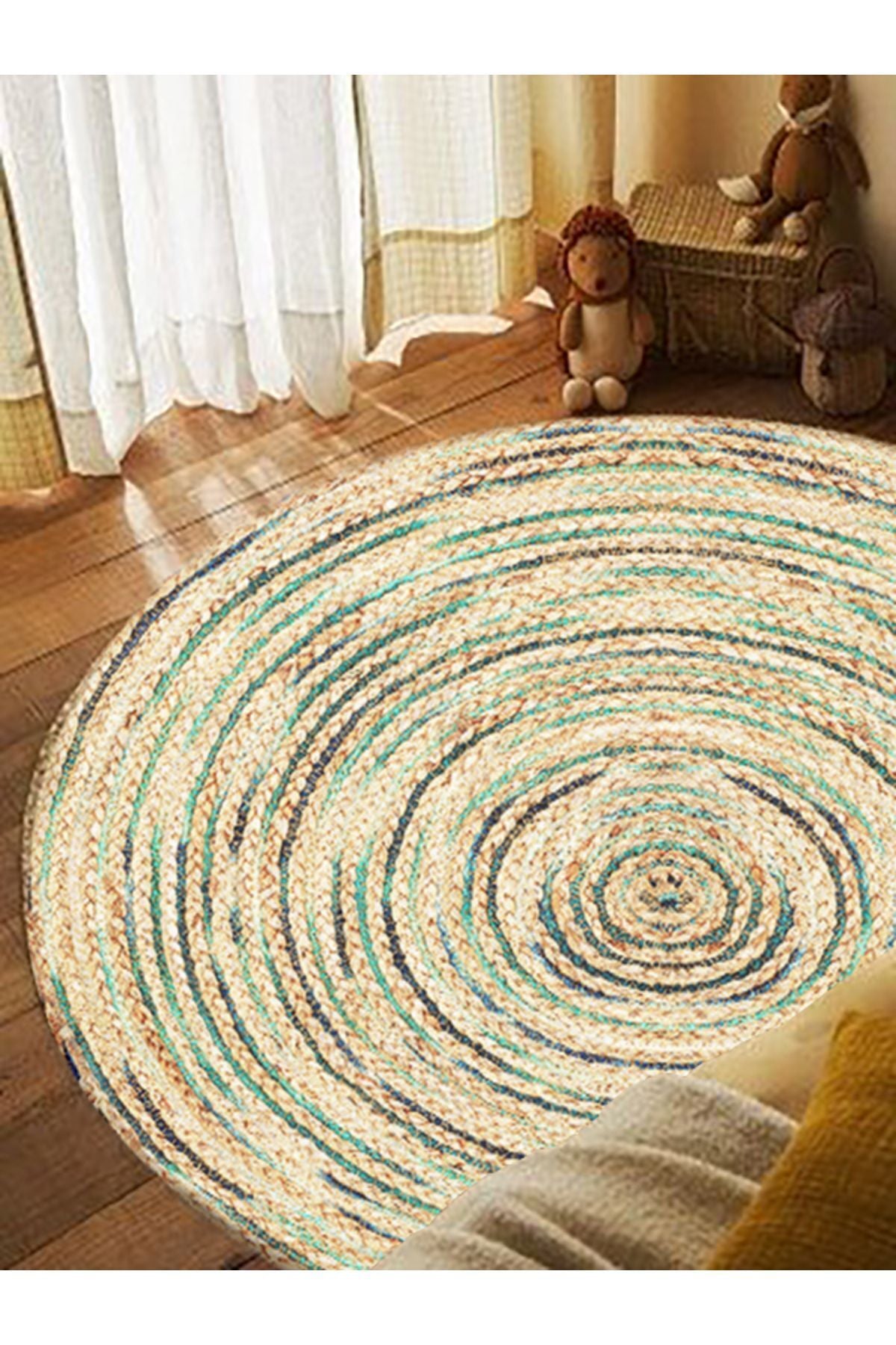 Boho 950 Jüt Rengi Ve Yeşil Desenli Örgü Yuvarlak Natural Çift Taraflı Halı