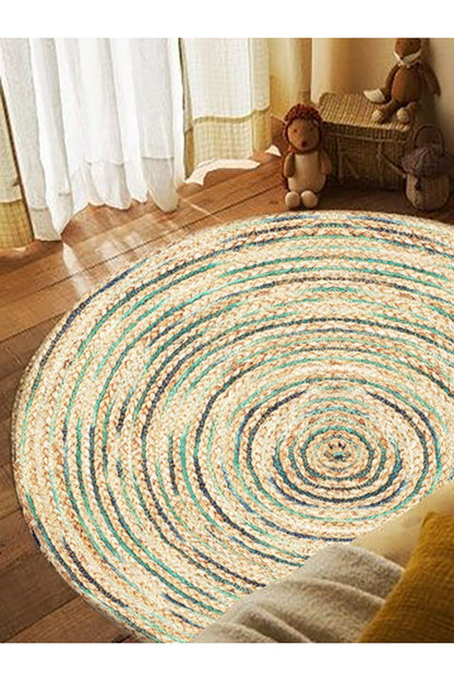 Boho 950 Jüt Rengi Ve Yeşil Desenli Örgü Yuvarlak Natural Çift Taraflı Halı