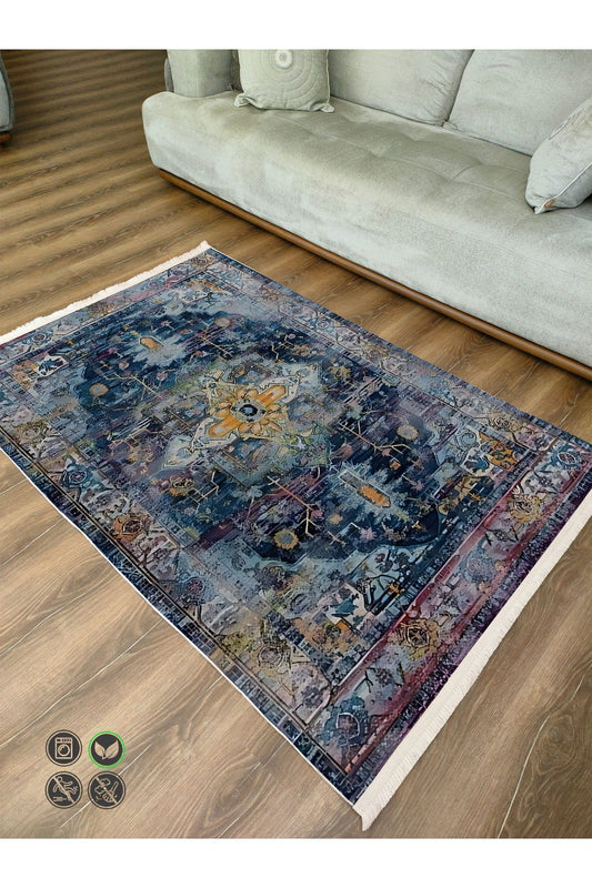 Halı Vagonu 65 Modern Stil Lacivert Tonda Salon Halısı Peluş Halı Saçaklı Yıkanabilen Halı