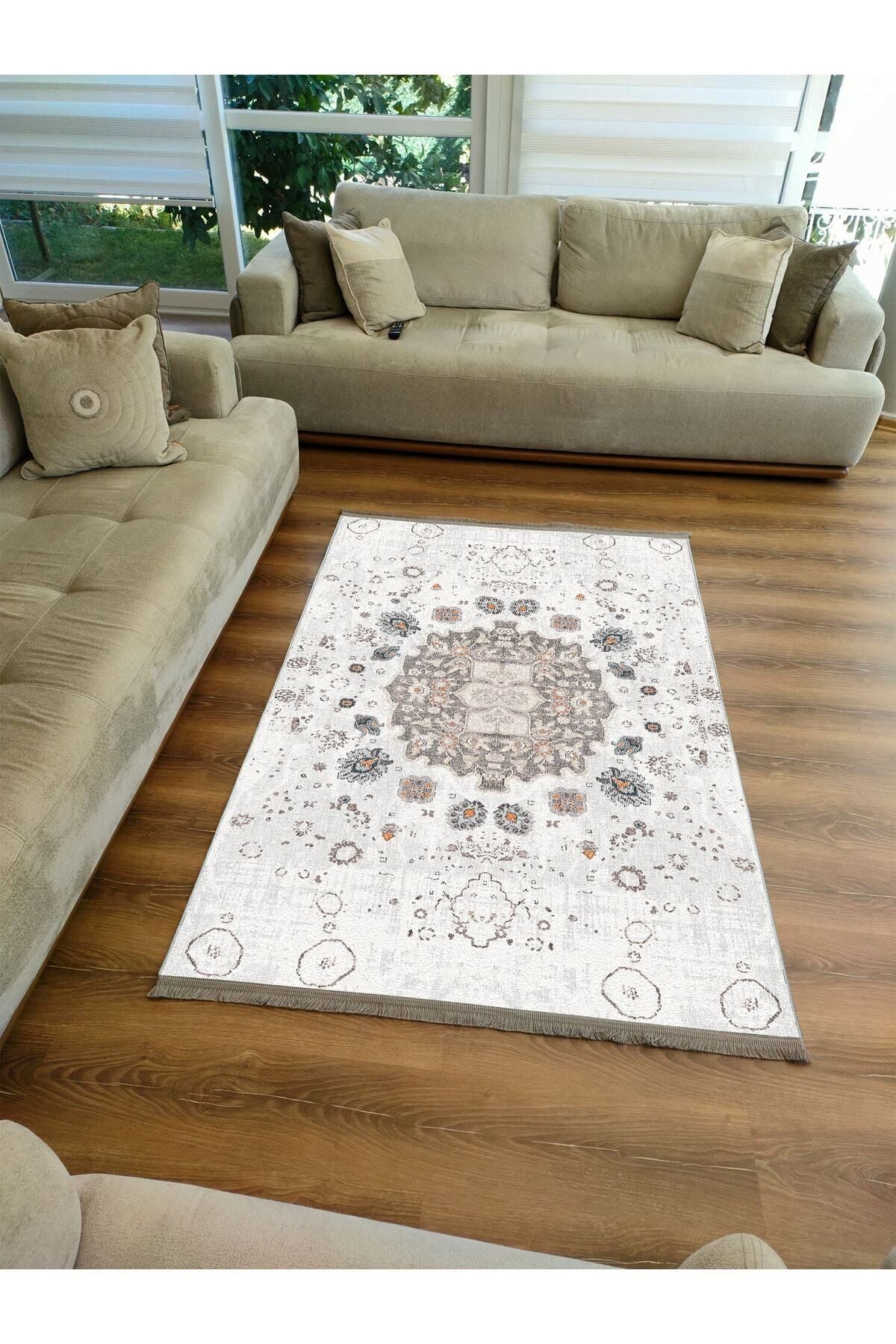 Halı Vagonu Serisi Gri Kahve Etnik Geometrik Desen Kaymaz Taban Şönil Halı