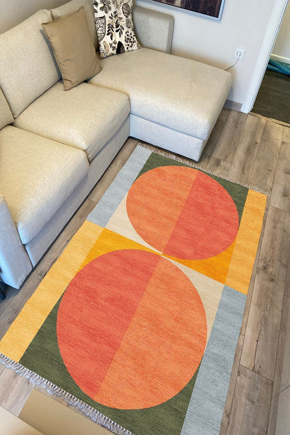 Cotton Kilim 32 Turuncu Tonlarında Modern Desenli Dekoratif Yıkanabilen Dokuma Taban Kilim