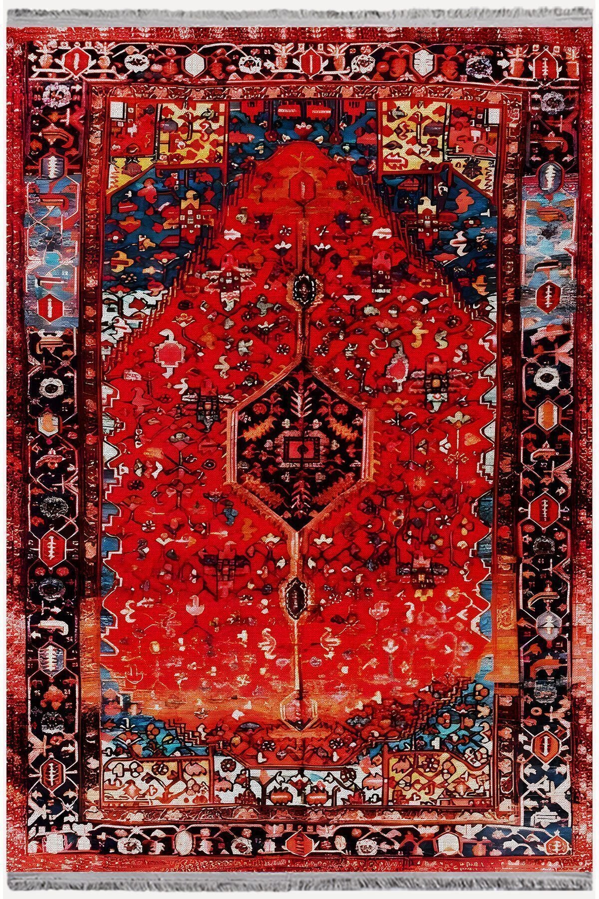 Halı Vagonu Halı95 Kırmızı Tonlarında Klasık Dekoratif Halı Salon Halısı Saçaklı Yıkanabilen Halı